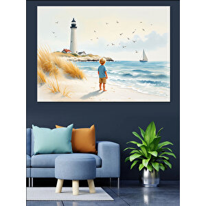 Deniz Feneri Ve Sahil Çocuk Dekoratif Kanvas - Mdf Ahşap Tablo