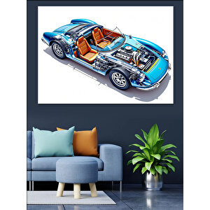 Mavi Kabriolet Teknik Çizim Dekoratif Kanvas - Mdf Ahşap Tablo 25x35 cm