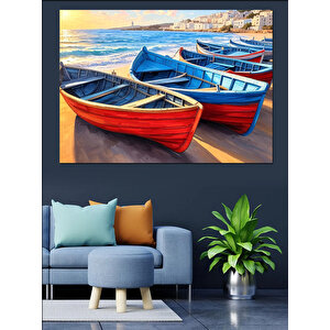 Renkli Kayıklar Sahil Manzarası Dekoratif Kanvas - Mdf Ahşap Tablo 100x140 cm