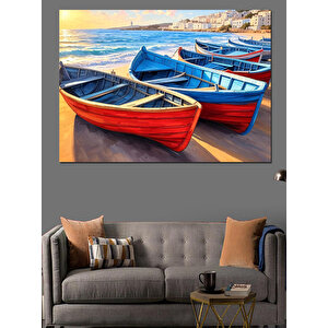 Renkli Kayıklar Sahil Manzarası Dekoratif Kanvas - Mdf Ahşap Tablo 100x140 cm