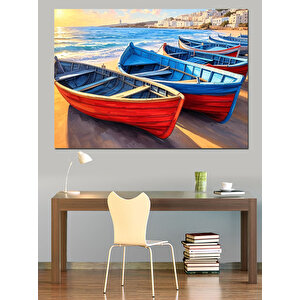 Renkli Kayıklar Sahil Manzarası Dekoratif Kanvas - Mdf Ahşap Tablo 100x140 cm