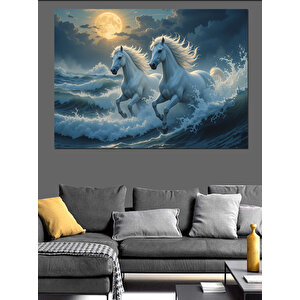 Denizde Koşan Beyaz Atlar Dekoratif Kanvas - Mdf Ahşap Tablo 100x140 cm