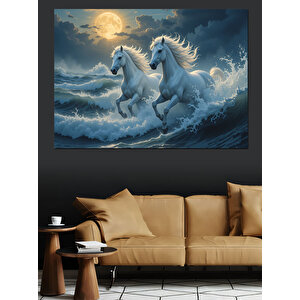 Denizde Koşan Beyaz Atlar Dekoratif Kanvas - Mdf Ahşap Tablo 100x140 cm