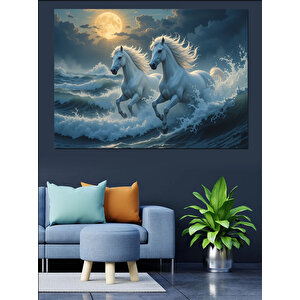 Denizde Koşan Beyaz Atlar Dekoratif Kanvas - Mdf Ahşap Tablo 100x140 cm