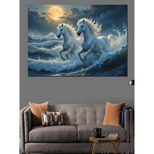 Denizde Koşan Beyaz Atlar Dekoratif Kanvas - Mdf Ahşap Tablo