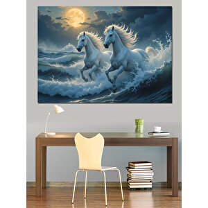 Denizde Koşan Beyaz Atlar Dekoratif Kanvas - Mdf Ahşap Tablo