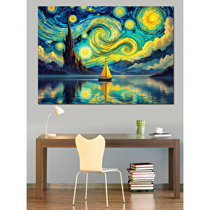 Yıldızlı Gece Ve Yelkenli Dekoratif Kanvas - Mdf Ahşap Tablo