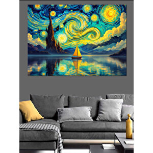 Yıldızlı Gece Ve Yelkenli Dekoratif Kanvas - Mdf Ahşap Tablo 70x100 cm