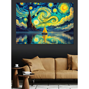 Yıldızlı Gece Ve Yelkenli Dekoratif Kanvas - Mdf Ahşap Tablo 70x100 cm