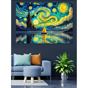 Yıldızlı Gece Ve Yelkenli Dekoratif Kanvas - Mdf Ahşap Tablo 70x100 cm