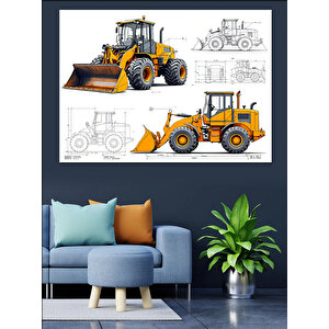 İş Makinesi Loader Teknik Çizim Dekoratif Kanvas - Mdf Ahşap Tablo 35x50 cm