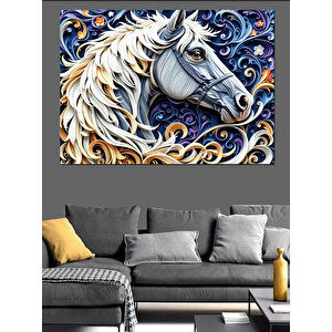 Beyaz At Çizimi Dekoratif Kanvas - Mdf Ahşap Tablo 100x140 cm