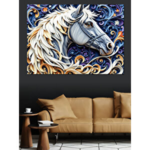 Beyaz At Çizimi Dekoratif Kanvas - Mdf Ahşap Tablo 100x140 cm