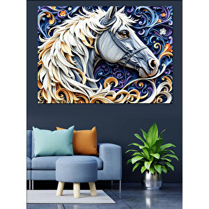 Beyaz At Çizimi Dekoratif Kanvas - Mdf Ahşap Tablo 100x140 cm