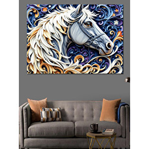 Beyaz At Çizimi Dekoratif Kanvas - Mdf Ahşap Tablo