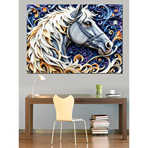 Beyaz At Çizimi Dekoratif Kanvas - Mdf Ahşap Tablo