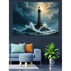 Fırtınada Yalnız Deniz Feneri Dekoratif Kanvas - Mdf Ahşap Tablo 100x140 cm