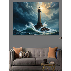Fırtınada Yalnız Deniz Feneri Dekoratif Kanvas - Mdf Ahşap Tablo 100x140 cm