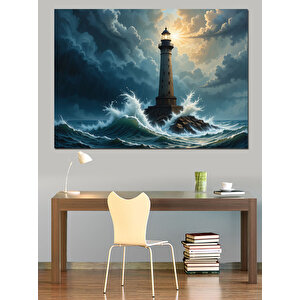 Fırtınada Yalnız Deniz Feneri Dekoratif Kanvas - Mdf Ahşap Tablo 100x140 cm