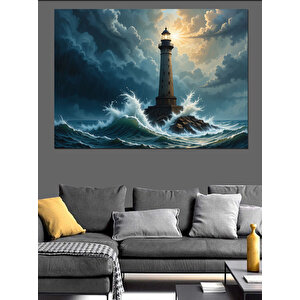 Fırtınada Yalnız Deniz Feneri Dekoratif Kanvas - Mdf Ahşap Tablo