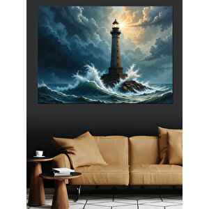 Fırtınada Yalnız Deniz Feneri Dekoratif Kanvas - Mdf Ahşap Tablo