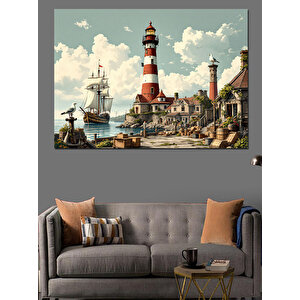 Kırmızı Beyaz Deniz Feneri Dekoratif Kanvas - Mdf Ahşap Tablo 100x140 cm