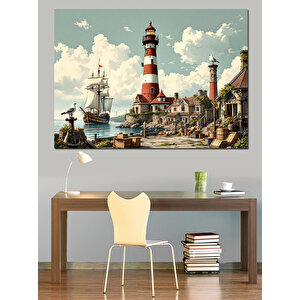Kırmızı Beyaz Deniz Feneri Dekoratif Kanvas - Mdf Ahşap Tablo 100x140 cm