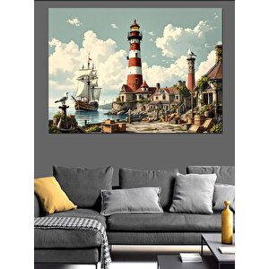 Kırmızı Beyaz Deniz Feneri Dekoratif Kanvas - Mdf Ahşap Tablo 100x140 cm