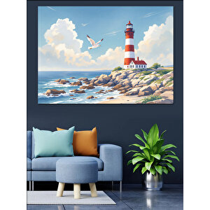 Kayalık Sahilde Deniz Feneri Dekoratif Kanvas - Mdf Ahşap Tablo 70x100 cm