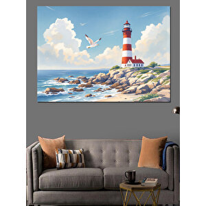 Kayalık Sahilde Deniz Feneri Dekoratif Kanvas - Mdf Ahşap Tablo 70x100 cm