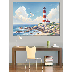 Kayalık Sahilde Deniz Feneri Dekoratif Kanvas - Mdf Ahşap Tablo 70x100 cm