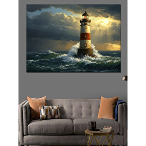 Fırtınada Yalnız Deniz Feneri Dekoratif Kanvas - Mdf Ahşap Tablo 100x140 cm
