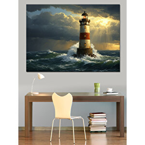 Fırtınada Yalnız Deniz Feneri Dekoratif Kanvas - Mdf Ahşap Tablo 100x140 cm