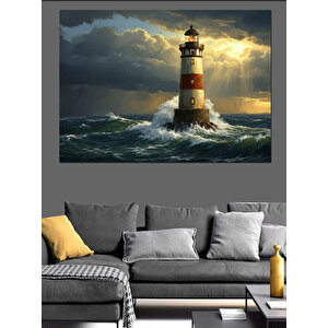 Fırtınada Yalnız Deniz Feneri Dekoratif Kanvas - Mdf Ahşap Tablo 100x140 cm