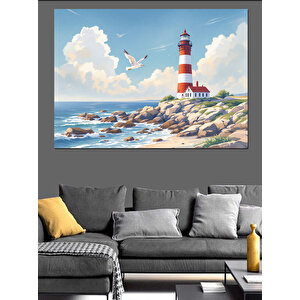 Kayalık Sahilde Deniz Feneri Dekoratif Kanvas - Mdf Ahşap Tablo