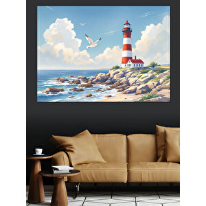Kayalık Sahilde Deniz Feneri Dekoratif Kanvas - Mdf Ahşap Tablo