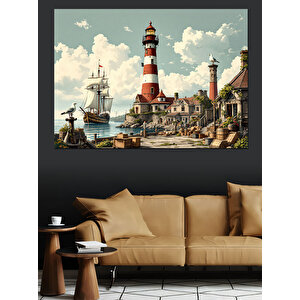 Kırmızı Beyaz Deniz Feneri Dekoratif Kanvas - Mdf Ahşap Tablo