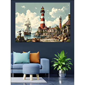 Kırmızı Beyaz Deniz Feneri Dekoratif Kanvas - Mdf Ahşap Tablo