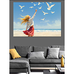 Deniz Kenarında Kadın Dekoratif Kanvas - Mdf Ahşap Tablo 70x100 cm