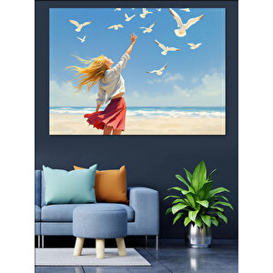 Deniz Kenarında Kadın Dekoratif Kanvas - Mdf Ahşap Tablo 70x100 cm