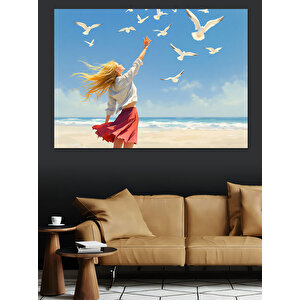 Deniz Kenarında Kadın Dekoratif Kanvas - Mdf Ahşap Tablo 100x140 cm