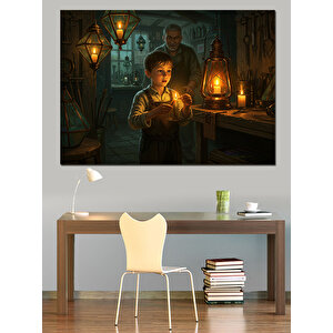 Fenerle Geceyi Aydınlatan Çocuk Dekoratif Kanvas - Mdf Ahşap Tablo 70x100 cm