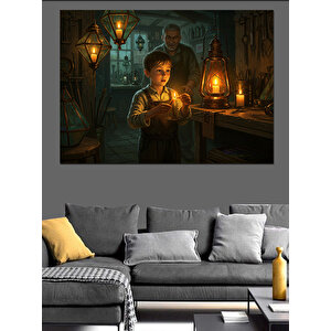 Fenerle Geceyi Aydınlatan Çocuk Dekoratif Kanvas - Mdf Ahşap Tablo 70x100 cm