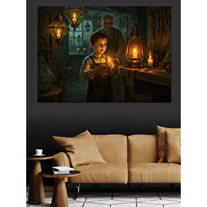 Fenerle Geceyi Aydınlatan Çocuk Dekoratif Kanvas - Mdf Ahşap Tablo 70x100 cm