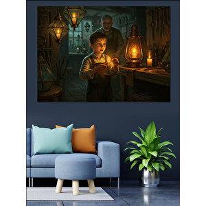 Fenerle Geceyi Aydınlatan Çocuk Dekoratif Kanvas - Mdf Ahşap Tablo