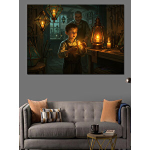 Fenerle Geceyi Aydınlatan Çocuk Dekoratif Kanvas - Mdf Ahşap Tablo