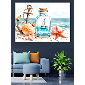 Deniz Kabuğu Ve Şişe Dekoratif Kanvas - Mdf Ahşap Tablo