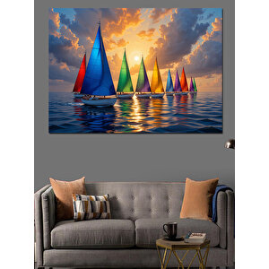 Denizde Renkli Yelkenliler Dekoratif Kanvas - Mdf Ahşap Tablo 25x35 cm