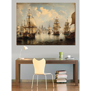 Yelkenlilerle Dolu Deniz Manzarası Dekoratif Kanvas - Mdf Ahşap Tablo 70x100 cm