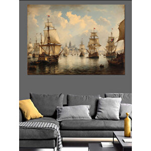 Yelkenlilerle Dolu Deniz Manzarası Dekoratif Kanvas - Mdf Ahşap Tablo 70x100 cm